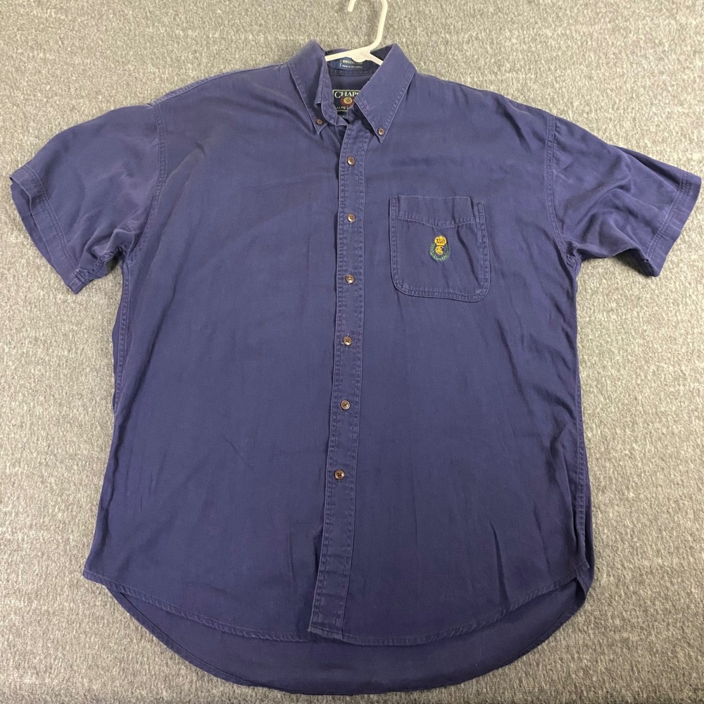Vtg Chaps Ralph Lauren Mens Large Blue Short Sleeve Button Down Crest Logo Shirt
